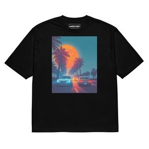 Cars Racing & Palm Trees Black Graphic T-Shirt